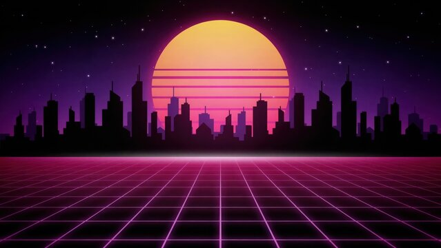 Retro pixel art city skyline with a large glowing sun and digital grid landscape