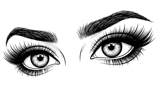 Beautiful female eyes with long thick eyelashes, shaped eyebrows vector illustration, professional beauty salon logo, lash extension makeup artist design.
