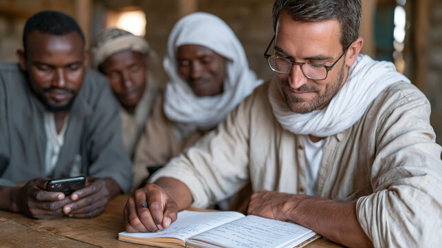 Smallholder mobile app developer conducting a user testing session with three farmers in a village community centre, participants navigating localized weather and market price