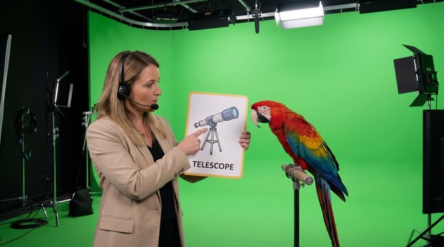 Professional female zoologist or exotic pet trainer holding a clipboard with a telescope graphic drawing while teaching a colorful scarlet macaw parrot perched on a stand against a green screen studio