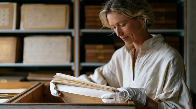 Textile history curator in archive gloves withdraws a folded Jacquard woven sample from a flat storage drawer in a Lancashire mill museum storeroom, handwritten pattern cards and