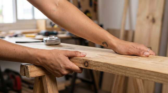 Close-up of a female construction worker's hands and arms gripping a wooden plank, women in skilled trades and carpentry concept, no visible logos.