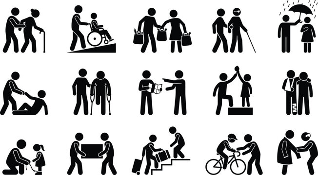 Set of flat icons showing people assisting and helping each other in various situations