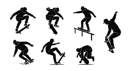 Skateboarder Silhouettes In Motion Black Vector Graphics On White Background © Begum