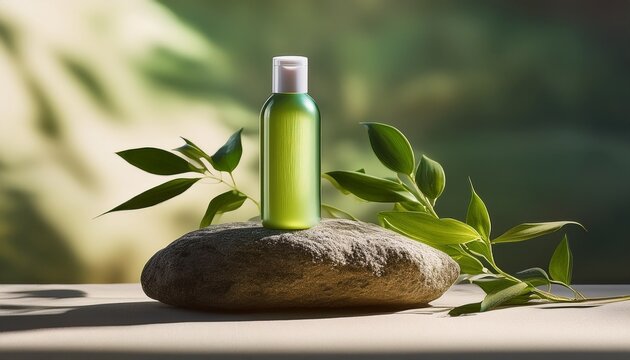 Organic Shampoo Bottle Placed On A Rough Stone With Green Leaves Diffused Sunlight Soft Vignette Natural Vibe Sustainability Texture Contrasts Aspect Ratio