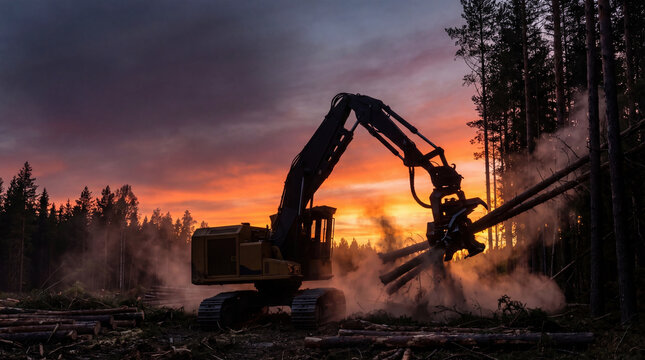 Forestry machine lifting logs at sunset with smoke and forest background in logging site