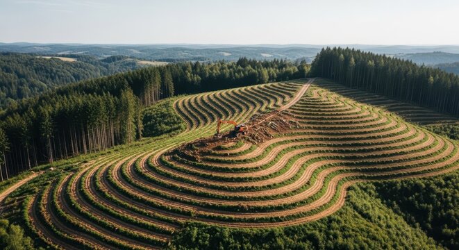 Aerial view of a vast forestry harvesting operation with terraced hillsides and felled timber