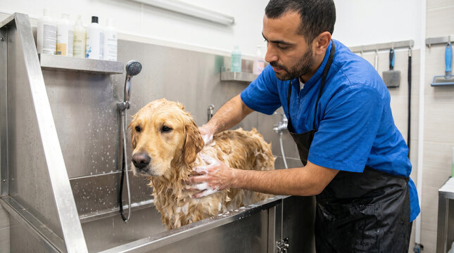 Medium eye-level shot of a male dog groomer bathing a fluffy golden retriever in a professional stainless-steel grooming tub, pet care and hygiene concept.