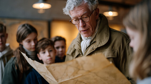 Museum docent in a olive surplus jacket reads decommissioned cipher messages aloud to a small student group huddled in a converted NATO bunker exhibit, original Teletype machinery