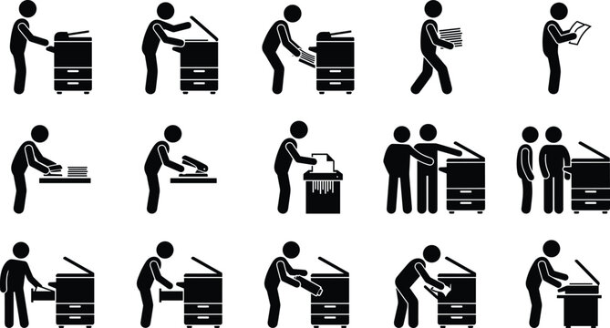 Flat icons showing people using different office copiers and printers
