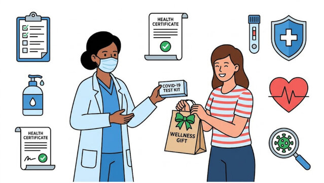 Doctor Providing COVID-19 Test Kit and Wellness Gift to Happy Patient Flat Vector Illustration Set