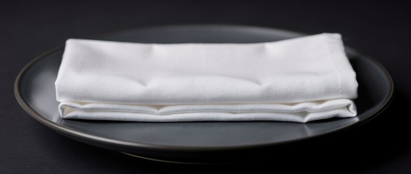 Elegant White Cloth Napkin Placed Neatly on a Dark Plate for a Refined Dining Experience with Sophisticated Table Setting Aesthetic
