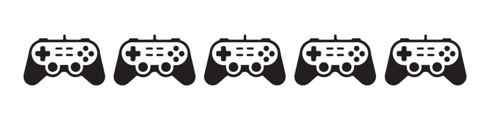 Set of five different game controller vector icons, showcasing various designs of gaming pads. © MSTGIRATUN