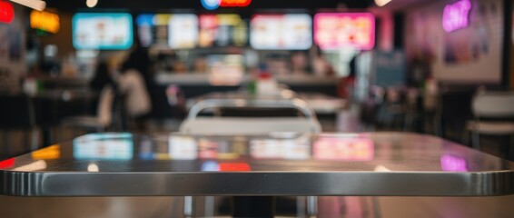 Obraz premium Modern Food Court with Inviting Tables and Colorful Menus in the Background, Ideal for Dining and Socializing Experiences in Urban Settings