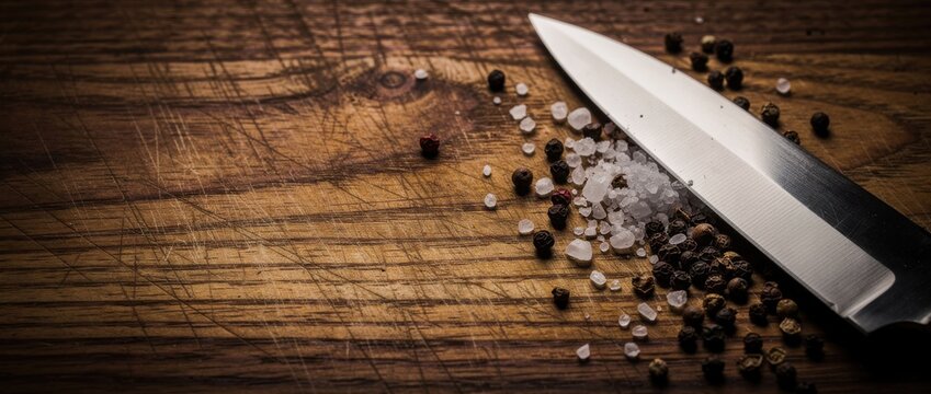 Sharp Chef Knife on Wooden Cutting Board with Sea Salt and Peppercorns, Culinary Preparation for Cooking and Food Presentation at Home or Restaurant