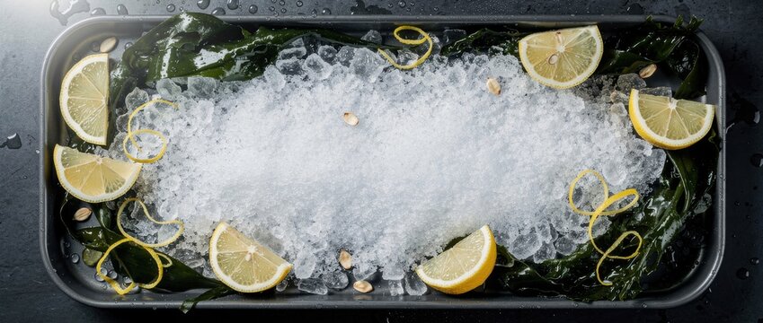 Fresh Seafood Presentation with Ice, Lemons, Seaweed, and Garnishes for Culinary Delight on a Dark Slate Surface