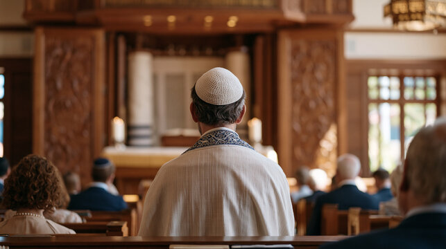 Rosh Hashanah synagogue congregation mid-prayer, Torahs visible at bimah, congregants in formal attire, New Year liturgy in progress, wide establishing interior with carved wood