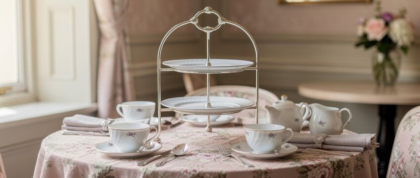 Elegant Afternoon Tea Setup with Fine China and Delicate Floral Tablecloth in a Chic Dining Room Setting