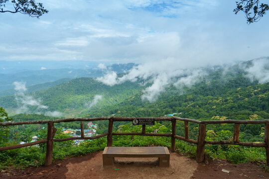 Mountain view bench forest mist clouds sky nature peaceful green landscape Doi Pui Hmong Ethnic Hill-tribe Village Chiang Mai
