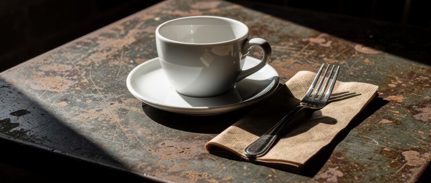 Elegant coffee cup on rustic table with fork and napkin, natural light casting shadows, cozy atmosphere inviting relaxation and enjoyment of beverage