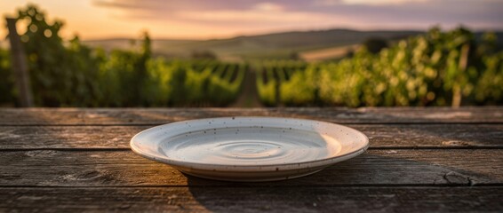 Obraz premium Serene Sunset Over Vineyard with Empty Plate on Rustic Wooden Table, Evoking Calmness and Anticipation for Delicious Meal Experience