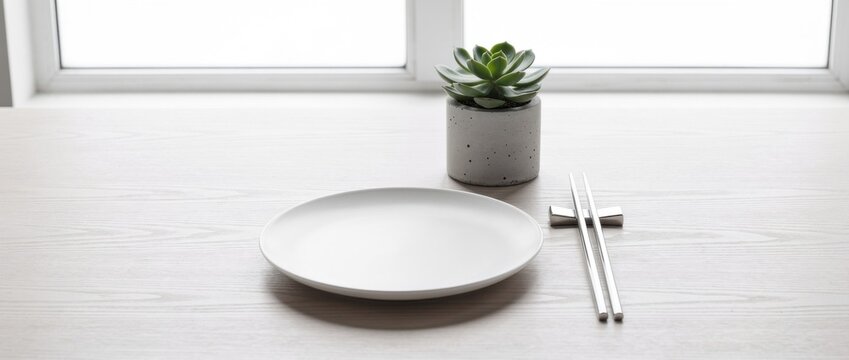 Minimalist Dining Setup with Empty Plate, Wooden Table, Decorative Plant, and Silver Chopsticks near Bright Window Natural Light Atmosphere