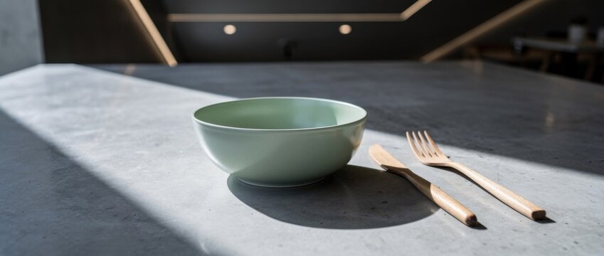 Minimalist kitchen setting featuring light green bowl, wooden fork, and knife on a textured concrete surface with soft natural lighting