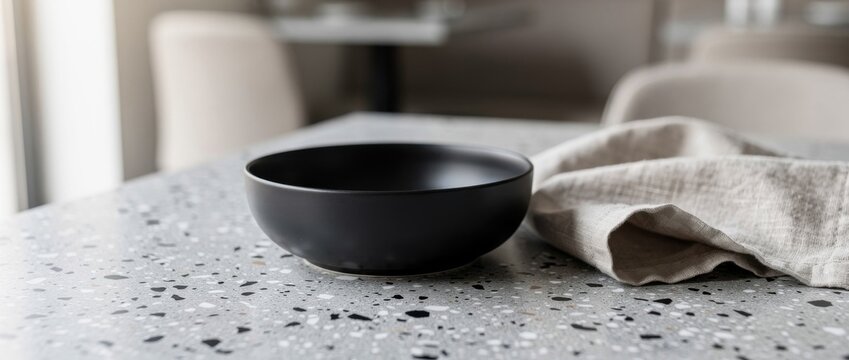 Minimalistic black bowl on a terrazzo table with a beige cloth in a modern dining space, emphasizing simplicity and contemporary design.