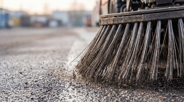 Street sweeper brush cleaning asphalt road surface with dust and debris flying in motion