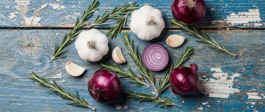 Fresh Garlic and Red Onion Arranged on Rustic Blue Wooden Table Surrounded by Rosemary Sprigs for Culinary and Food Photography