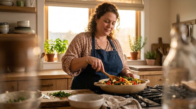 Woman in apron cooking healthy vegetables and chickpeas in a bright kitchen