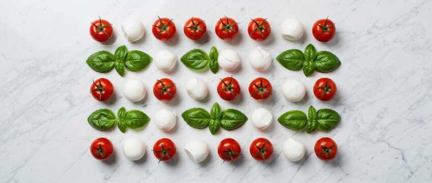 Fresh Ingredients Display of Red Tomatoes, White Mozzarella Balls, and Green Basil Leaves on Marble Surface in Artistic Arrangement