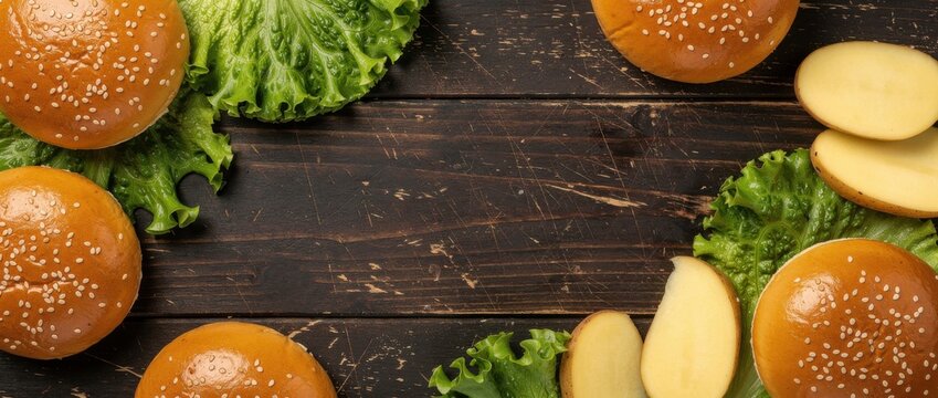 Fresh Ingredients for Gourmet Burgers on Rustic Wooden Surface with Lettuce and Slices of Potato, Perfect for Food Photography and Culinary Presentations