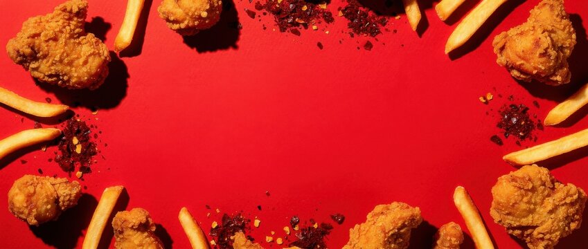Crispy Fried Chicken and Golden French Fries on Red Background with Space for Text or Advertisement