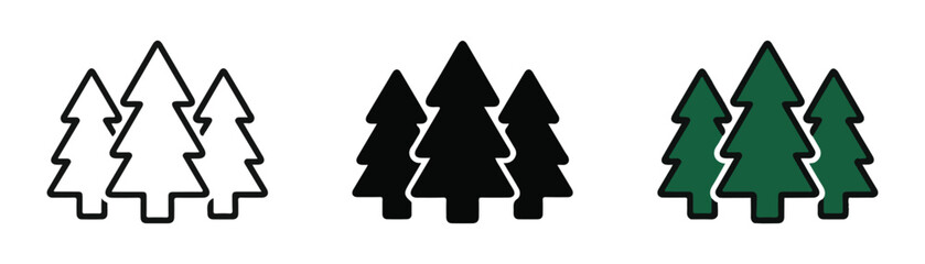Three christmas trees in outline, silhouette, and green color on transparent background. © Ruyel