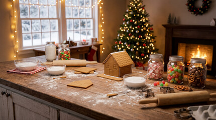 Fototapeta premium Christmas baking gingerbread house candy icing kitchen holiday festive dessert neatly arranged house parts sweets and tools create a joyful edible craft scene with cozy holiday ambiance for bakery
