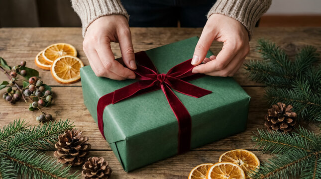 Christmas gift wrapping hands velvet ribbon present festive holiday luxury hands tie a rich ribbon around a wrapped present on greenery creating a premium gifting ritual with tactile seasonal detail