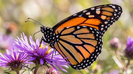 Fototapeta premium Monarch butterfly, orange wings, on purple flowers, natural beauty, wildlife photography