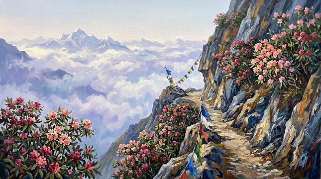 Impressionist Oil Painting of Cliffside Himalayan Path with Pink Rhododendrons