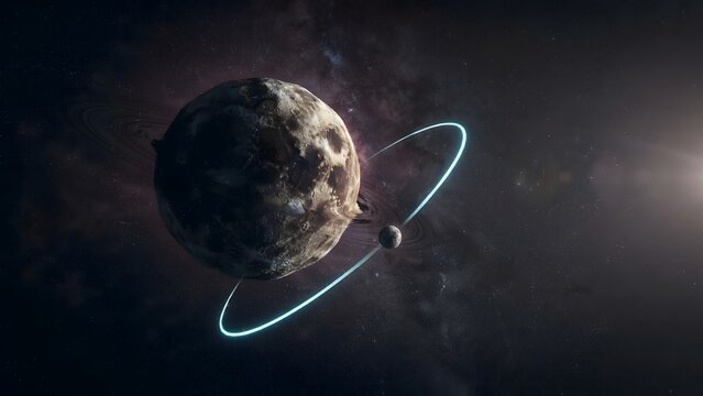 Artistically Rendered Image of a Moon and Planet with Orbiting Ring in Space