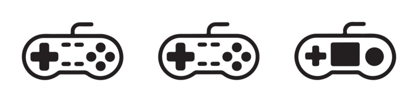 Three different styles of vintage retro video game controllers illustrated as black vector design icons.