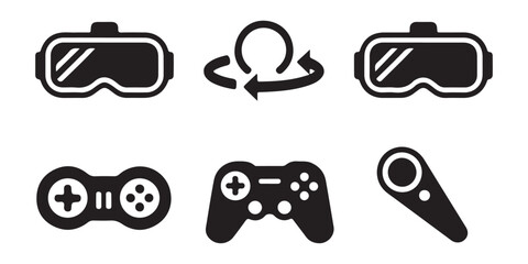 Set of vector icons showing virtual reality headsets 360 degree rotation and classic gaming controllers set. © MSTGIRATUN
