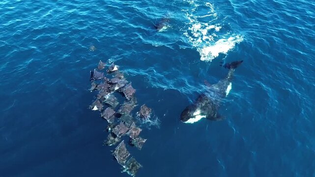 Orcas Chasing Mobula Rays Near Ocean Surface