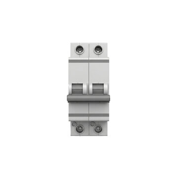 Double pole circuit breaker with gray toggle switch and silver screw terminals, a modern electrical safety device for residential and commercial applications