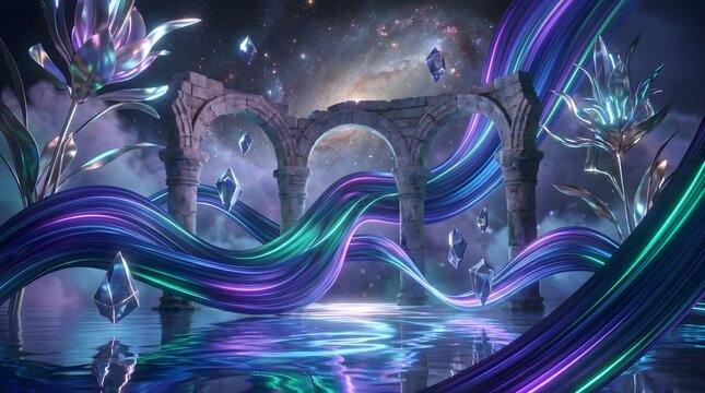 Fantasy, mystical landscape with glowing bridge, neon lights, and abstract flowers