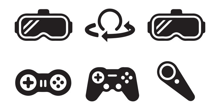 Set of vector icons showing virtual reality headsets 360 degree rotation and classic gaming controllers set.