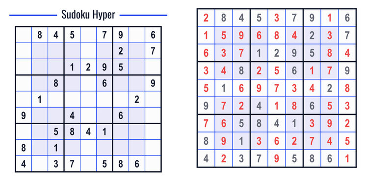 Sudoku Hyper puzzle grids with numbers and annotations on white background  