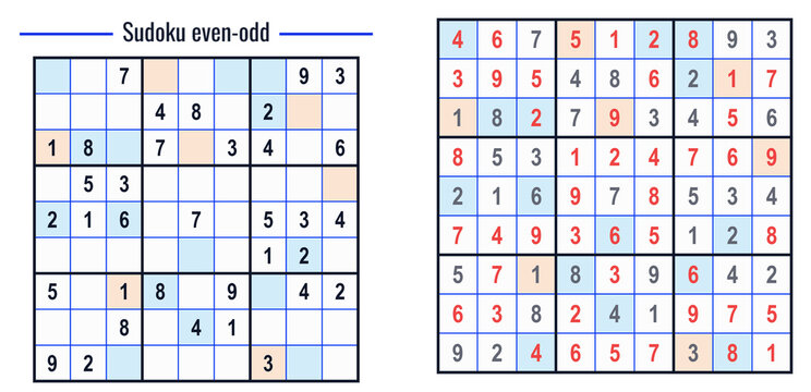 Sudoku even-odd puzzle layout with grids and numbers  