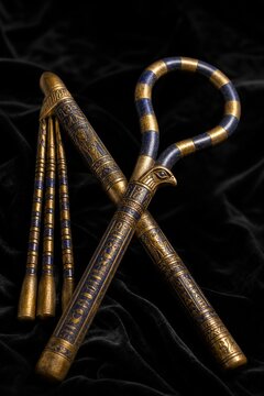 Ancient Egyptian crook and flail crossed on black velvet, ceremonial artifacts.