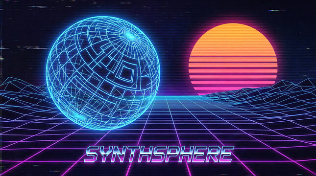 Futuristic sphere with glowing grid lines and retro sunset over digital landscape.